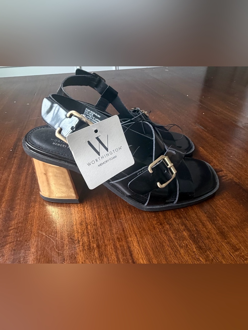 Worthington Rusk Black Sandals Women’s 6.5 Gold Block Heel Buckle NWT - Picture 3 of 4